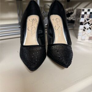 Jessica Simpson Black Pumps Mesh Rhinestone Heels Size 7 Pylise Style NEW
